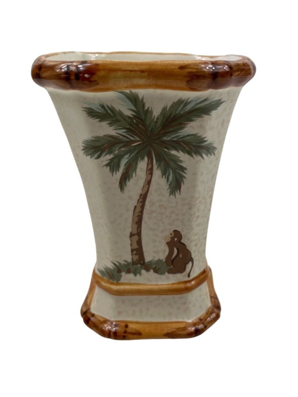 Spring Maid Ceramic Toothbrush Holder With Tropical Palm Trees & Monkey Design